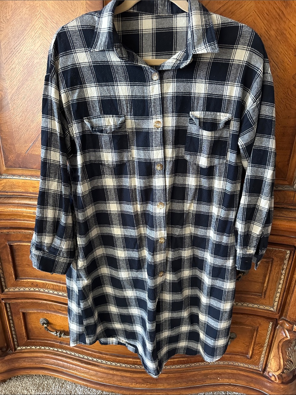Navy and Cream Plaid Men's Button-Down Shirt